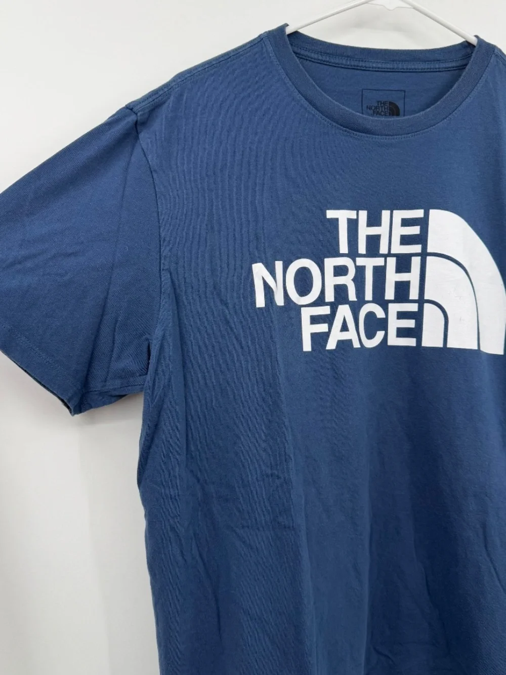 North Face T Shirt Men Large Blue Short Sleeve Cotton Crew Neck Logo Spell Out